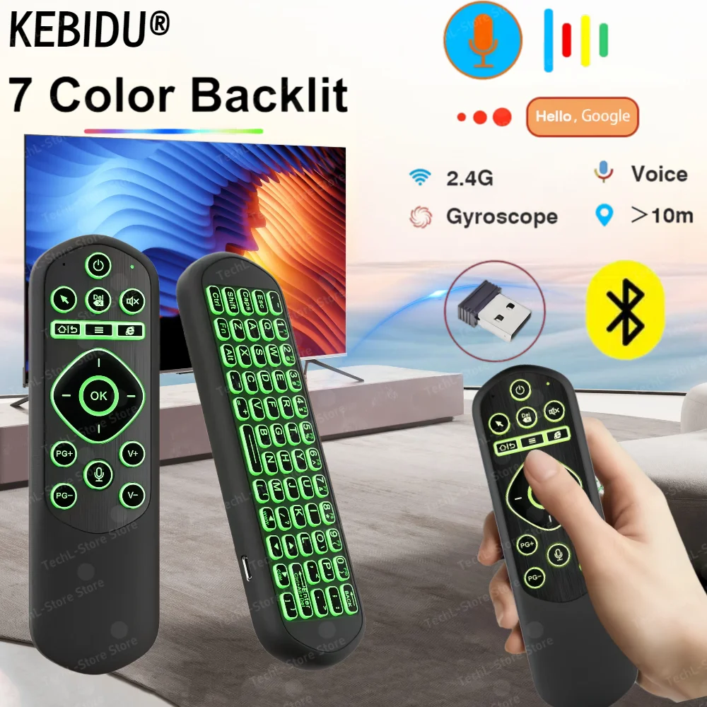 7 Color Backlit Remote Control Air Mouse Voice Gyroscope Mini Keyboard Dual Mode 2.4G BT5.2 Wireless For Android Smart TV Box PC