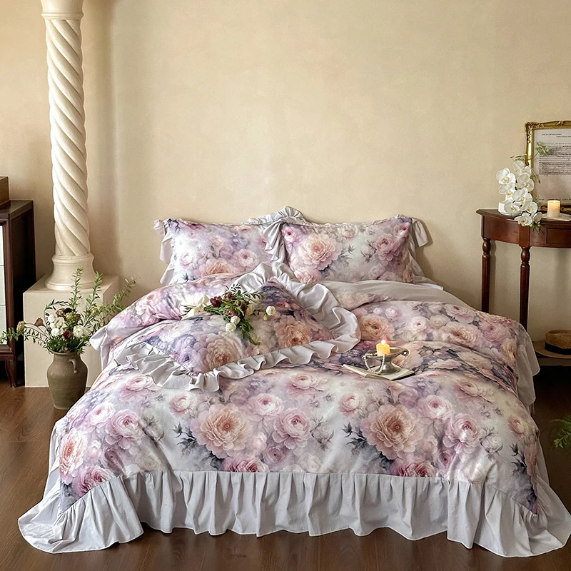 Flowers Printing Duvet Cover Sets Luxury 100% Cotton Princess Lace Bedding Set Fitted Bed Sheet Pillowcases Home Textile