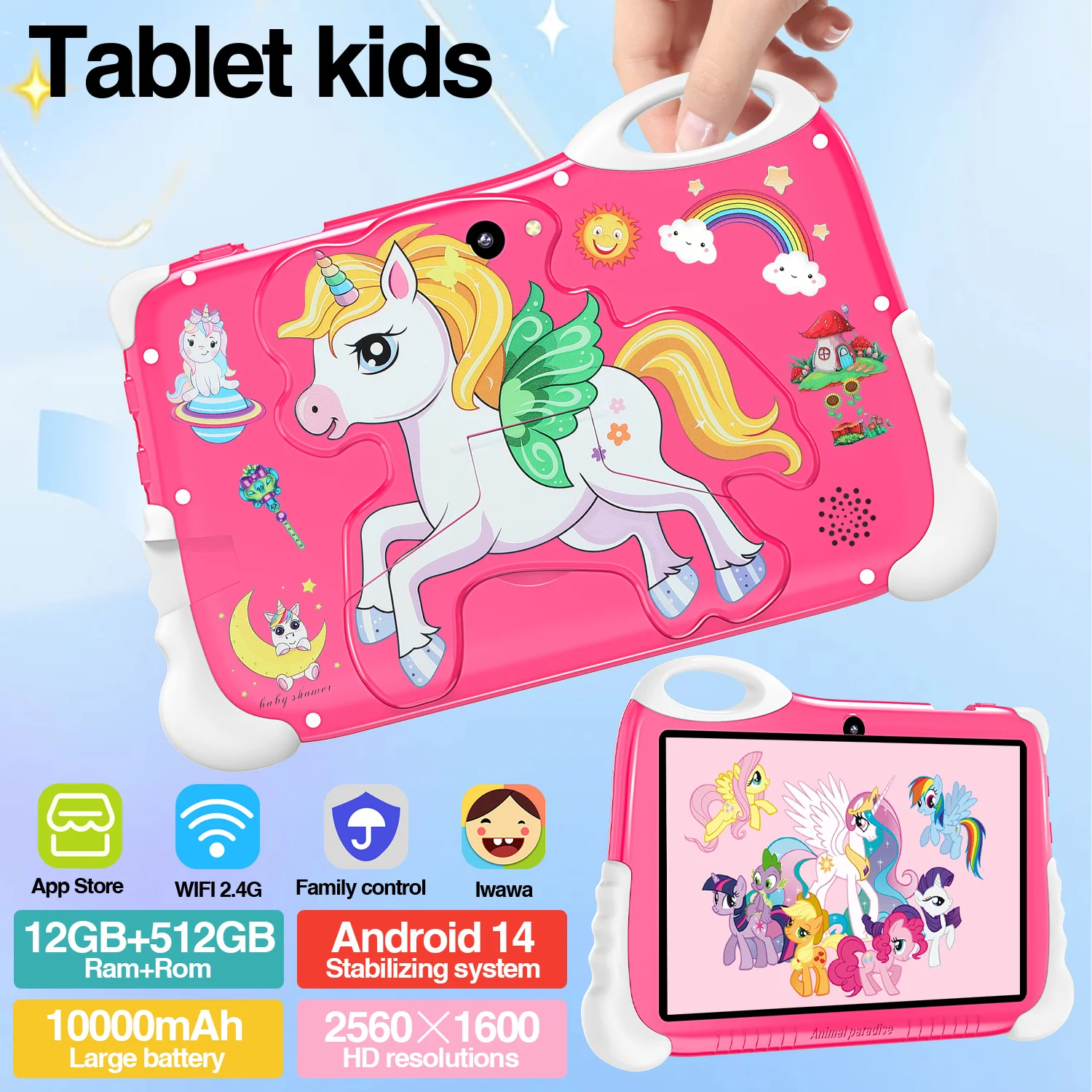 

2024 New Kids Learning Tablet 7inch Android14 10core 12GB RAM 512GB ROM 16MP+32MP WiFi Bluetooth5.0 5G 10000mAh Cute Case Tablet