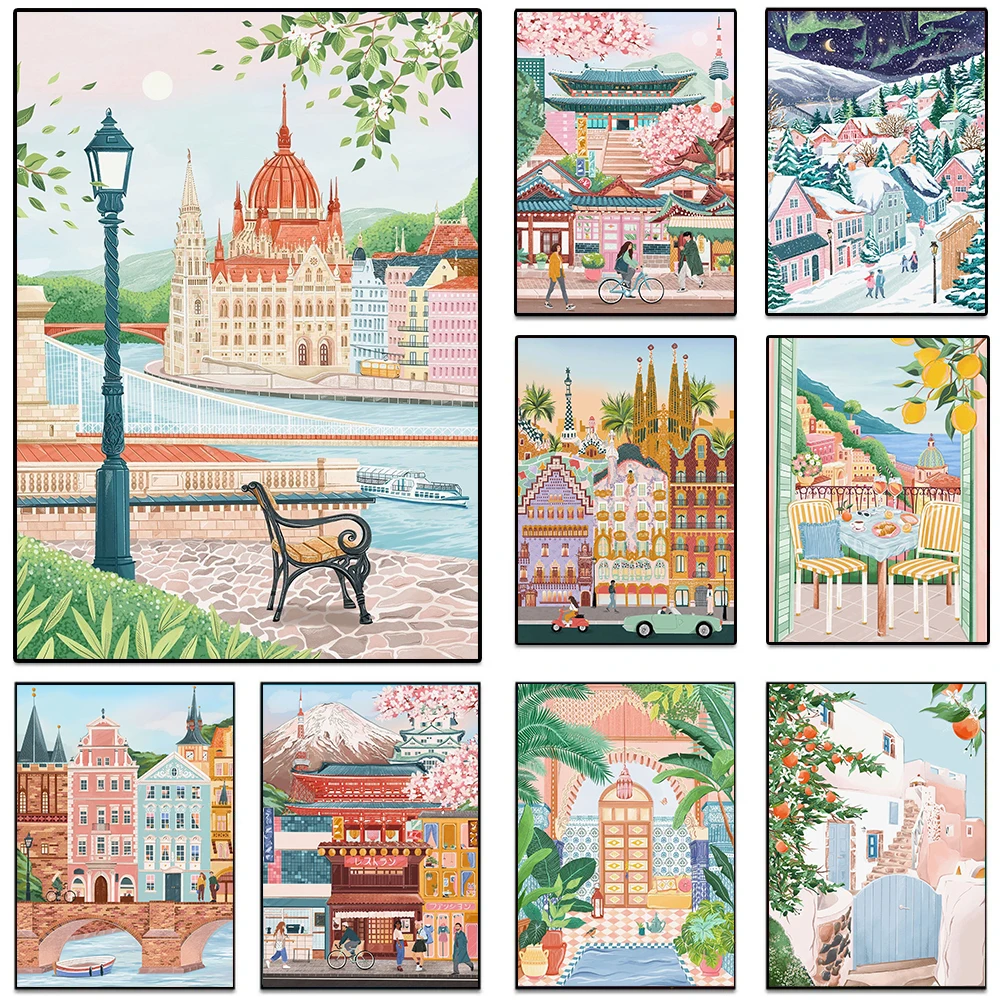 Watercolor Famous City Tourism Budapest Positano Seoul Tokyo Cartoon Landscape Poster Canvas Painting Wall Pictures Home Decor