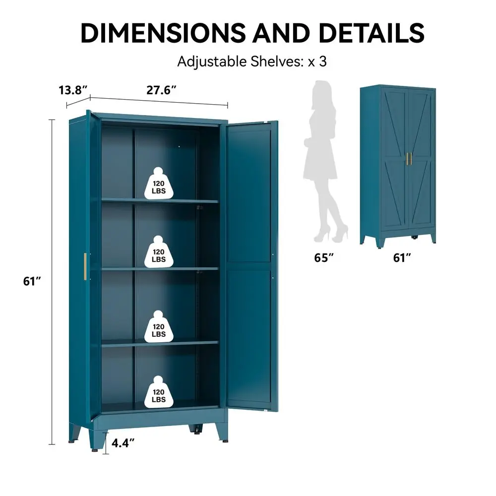 

Металлический шкаф для кладовой 61 с полками, цвет павлиний синий, в стиле фермерского дома, с регулируемыми полками, прочный отдельно стоящий шкаф для хранения