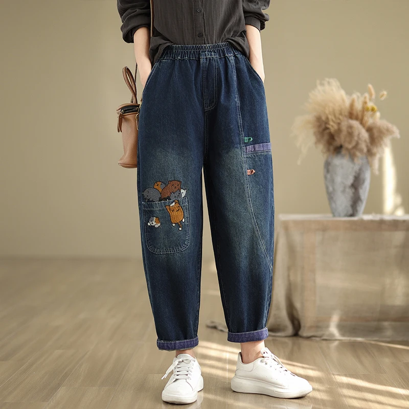 女性用 ルーズフィット カジュアル ファッショナブル 刺繍 デニム ジーンズ ハイウエスト ランタン パンツ ヴィンテージ スタイル 9点丈