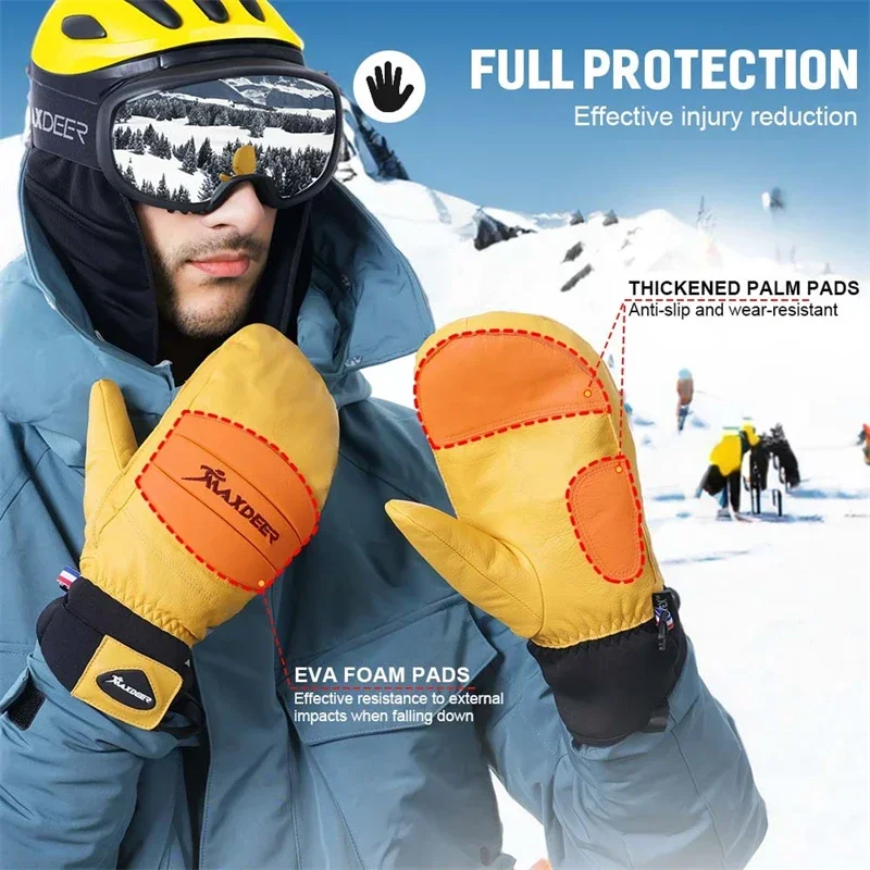 Guantes de esquí impermeables para hombre y mujer, manoplas térmicas de cuero para Snowboard, esquí, moto de nieve, ciclismo