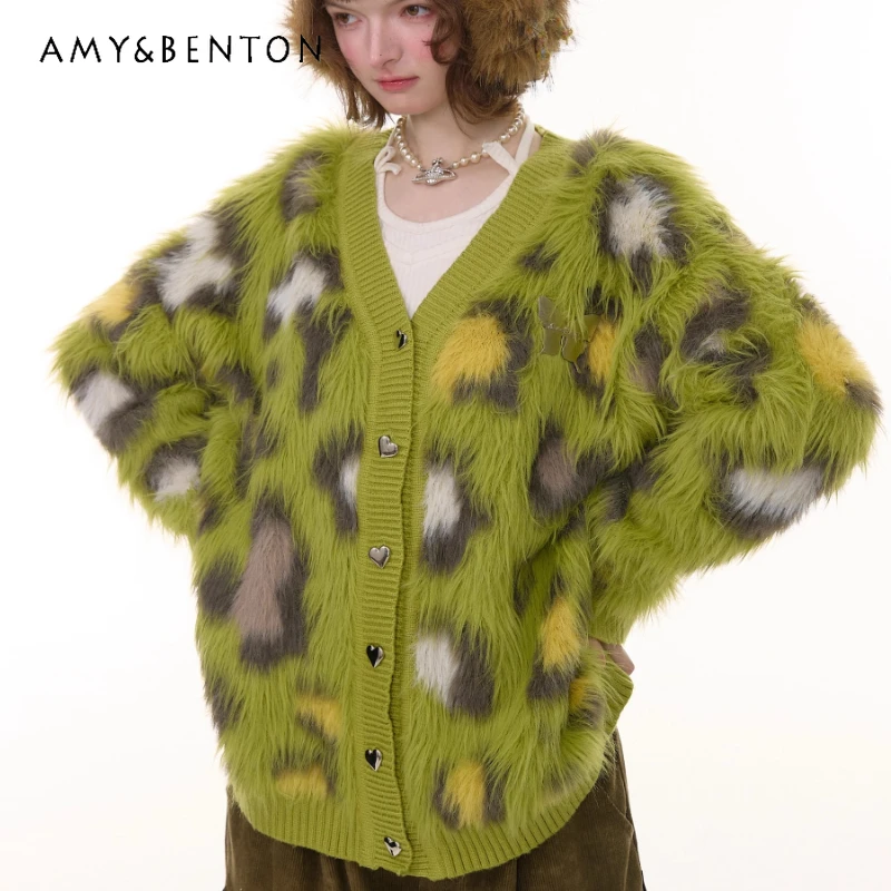 Jesienno-zimowy sweter damski w delikatny wzór panterki, luźny, uniwersalny kardigan z dekoltem w serek w stylu amerykańskim retro, ciepły.