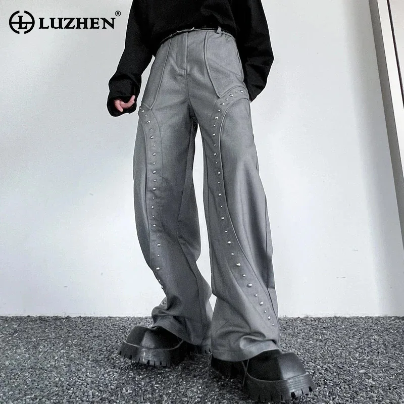 LUZHEN 2024 Fashion Street Straight Metal Rivet Decorate Splicing Design Casual Pants Men Original Loose Trendy Trousers LZ6918