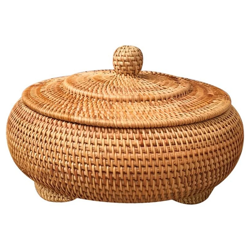 

Storage Basket Hand-Woven Rattan Woven with Cover Round Primary Color Chinese Jewelry Snacks Tea Set Storage Box