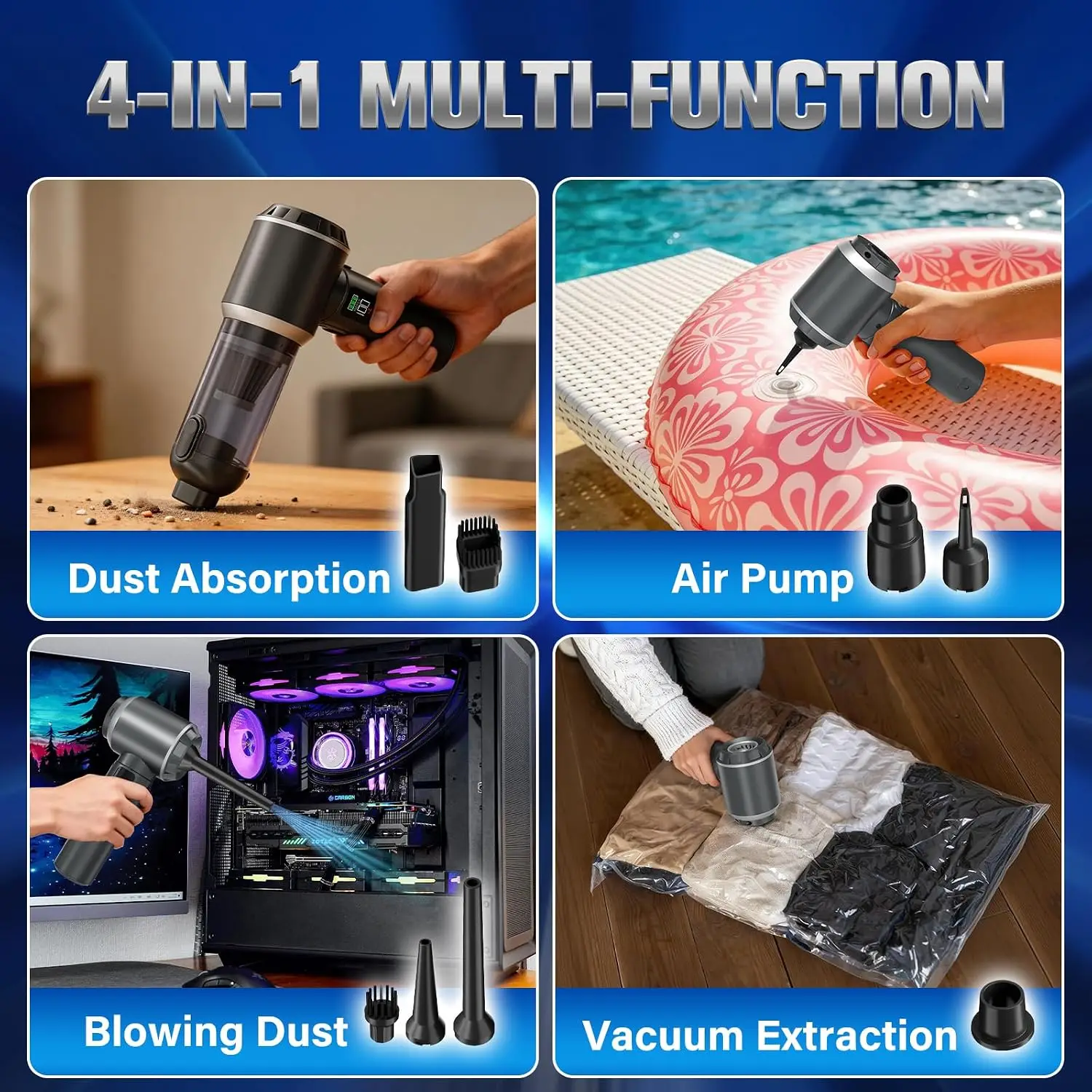 4-in-1 Handheld Vacuum Cordless&Air Duster, 28000pa Suction Power Car Vacuum Portable Cordless, Mini Vacuum with Digital Display