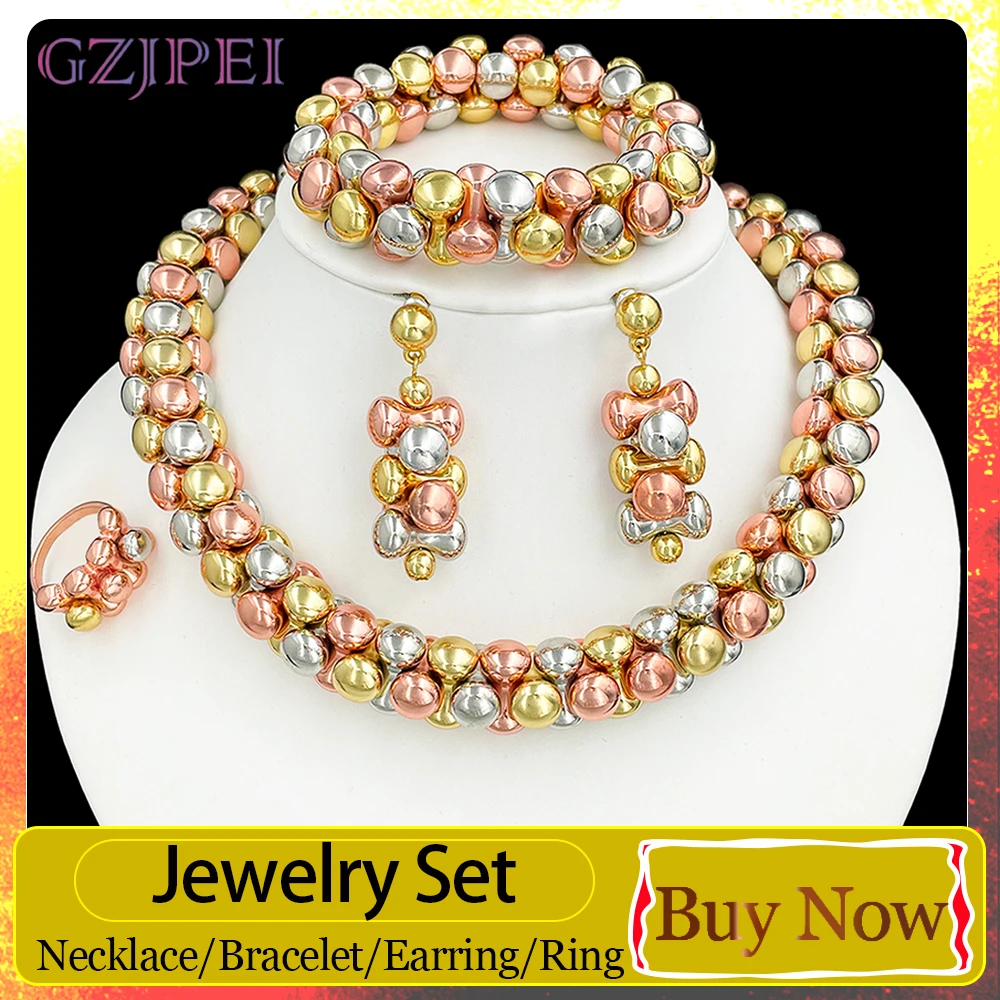 GZJPEI 2026 New Tri-color Jewelry Set Chunky Smooth Beads Jewelry For Women Birthday Gifts Bridal Wedding Party Jewellery