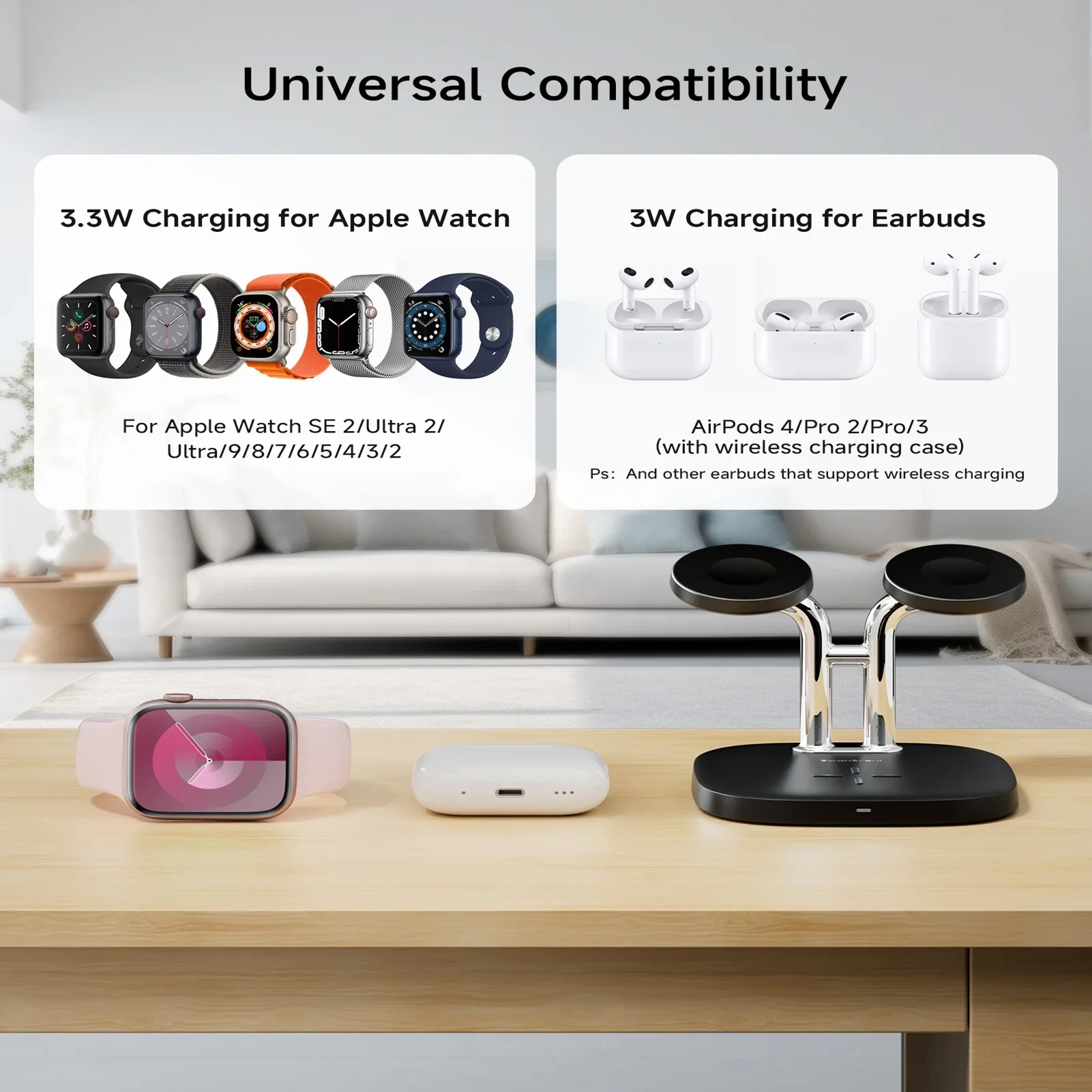 SwanScout 704A Dual Watch Charger Stand for Apple Watch Ultra 3 SE 2 11 10 9 8 7 6 Wireless Charging Dock for AirPods 4 Pro 3 2 - náhled 6