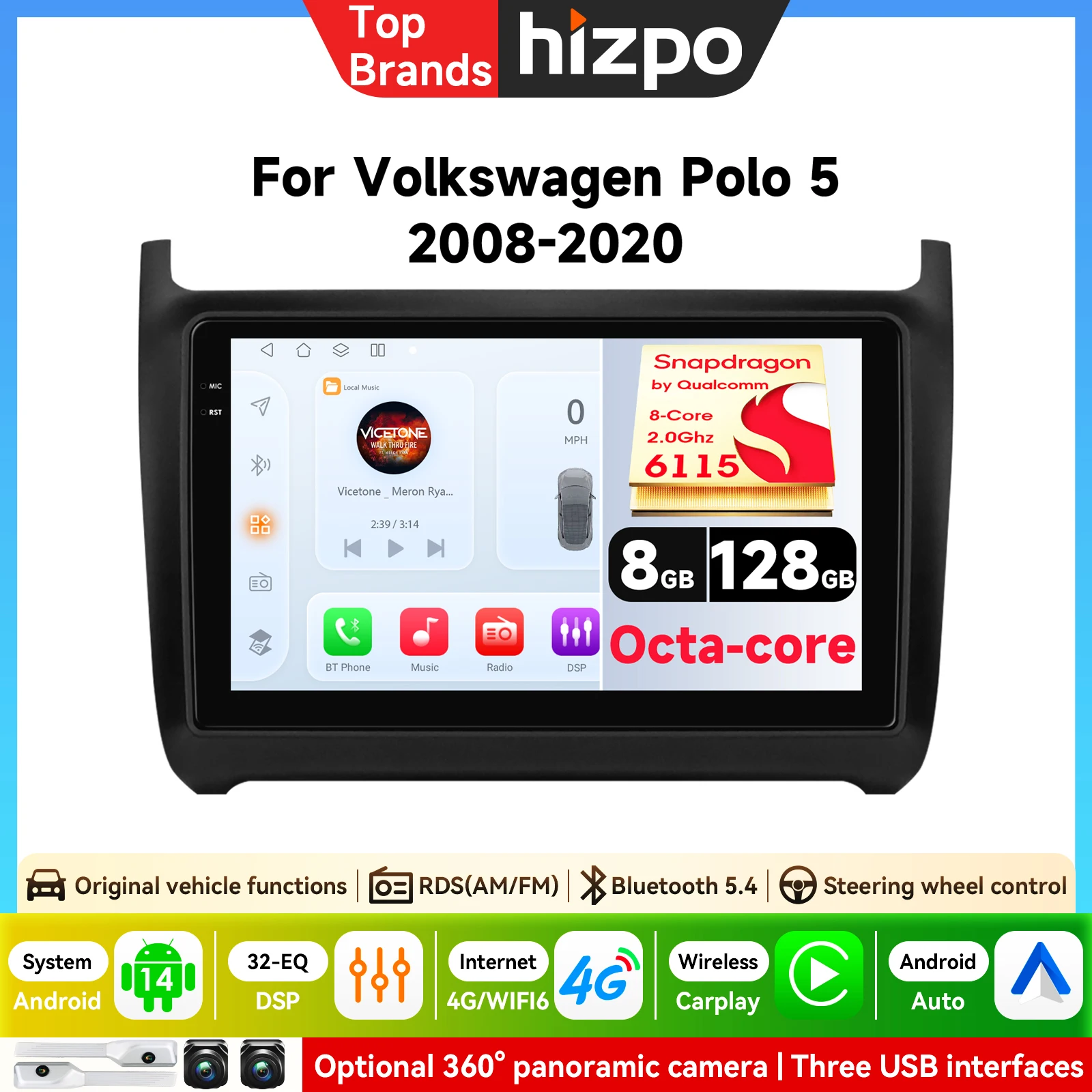 Autoradio Hizpo per VW POLO 5 berlina 2008 2009 2010 2011 2012 2013 2014 2015 2016 2017 2018 2019 2020 CarPlay Android Auto FM RDS DSP BT GPS Navi SWC Schermo Touch HD IPS Plug & Play Lettore