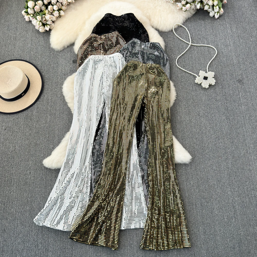 

Newest Fashion 2024 Designer Trousers Women's Stretchy Sequined Gauze Flare Pants