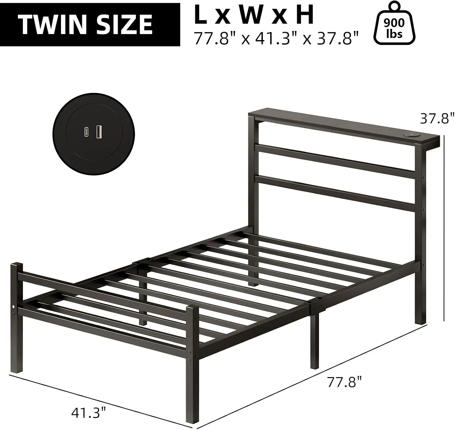 Twin Bed Frame Black Metal Built Charging Station LED Lights Headboard Storage Shelf No Box Spring Needed Easy Assembly For Kids