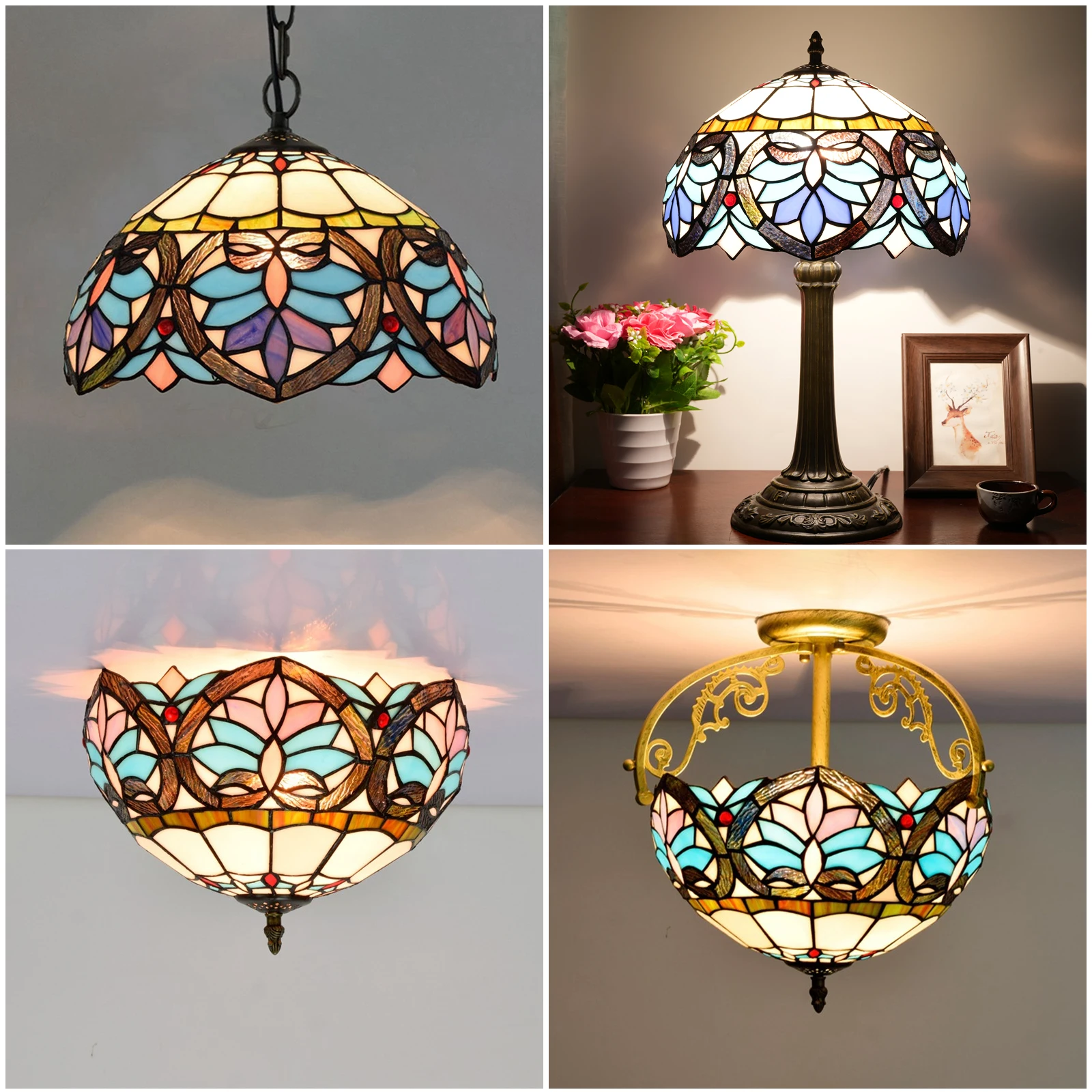 Tiffany Lamp Shade 12 Inches Wide Accessories Replacement Light Blue Style Stained Glass Lampshade for Table Lamp