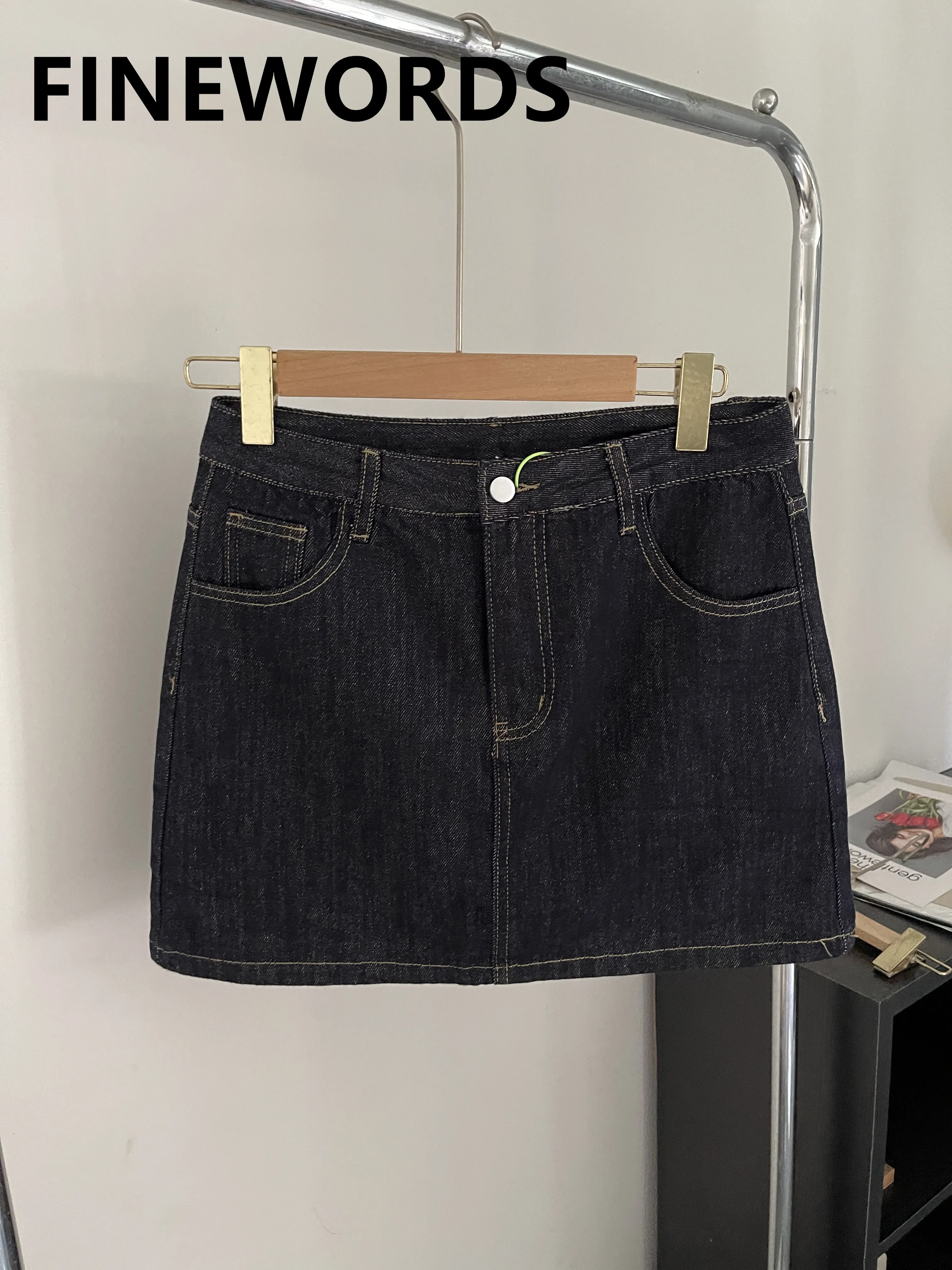 FINEWORDS Casual High Waist Denim Blue Skirt Women Harajuku Vintage Korean Skirt Inner Lining Streetwear Straight Harajuku Skirt