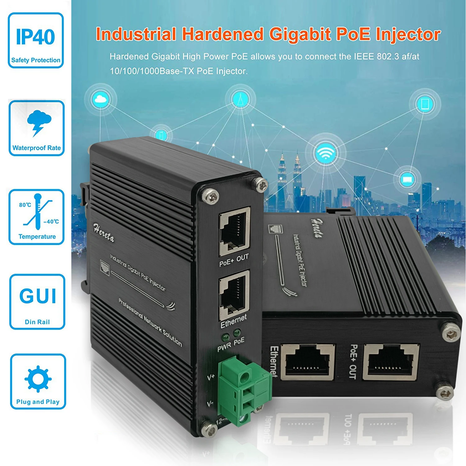 Hardened Industrial Gigabit PoE+ Injector 12-48VDC Input 48V Output with DIN-Rail and Wall Mount  Support IEEE802.3af/at PoE 30W