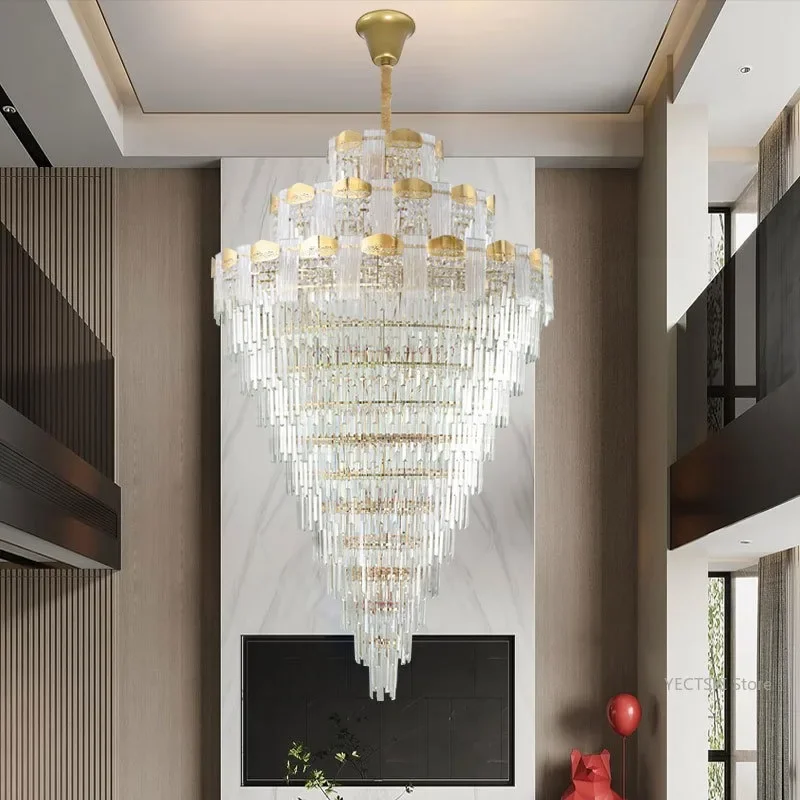 

GHJUYIOL Duplex building, large chandelier, light luxury villa, living room, revolving staircase, hollow crystal lamp