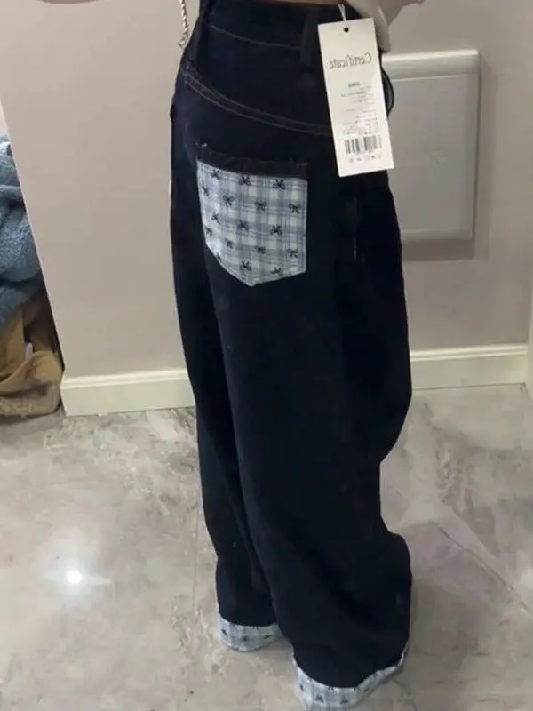 

plus Size American Retro Plaid Denim Pants Women's Loose Patchwork Cuffed Wide Leg Long Trousers Casual Wear for Teens And Ad...