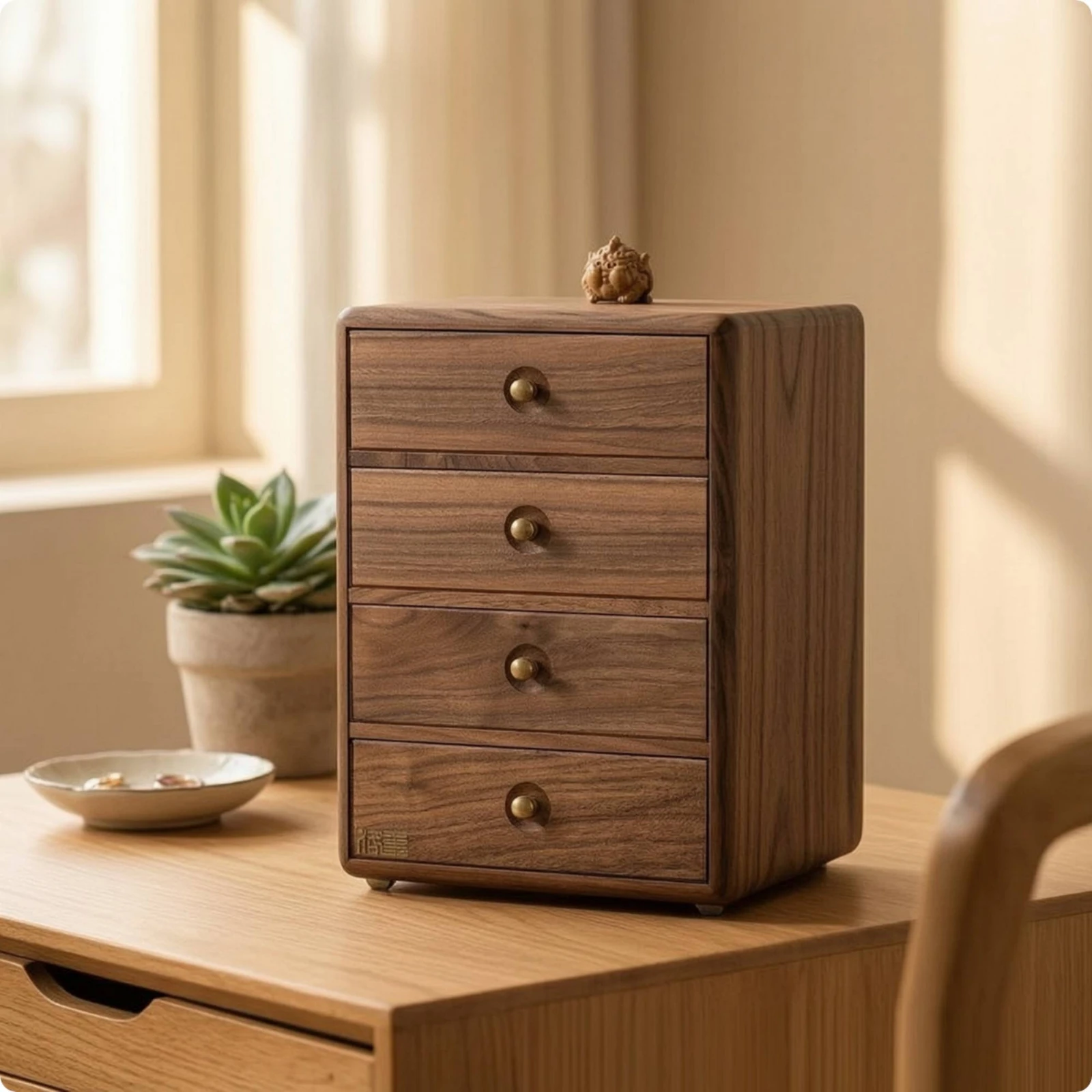Jewelry Organizer with Drawers Compact Jewelry Cabinet Desktop Chest Walnut Furniture Mini for Dressing Table, Vanity