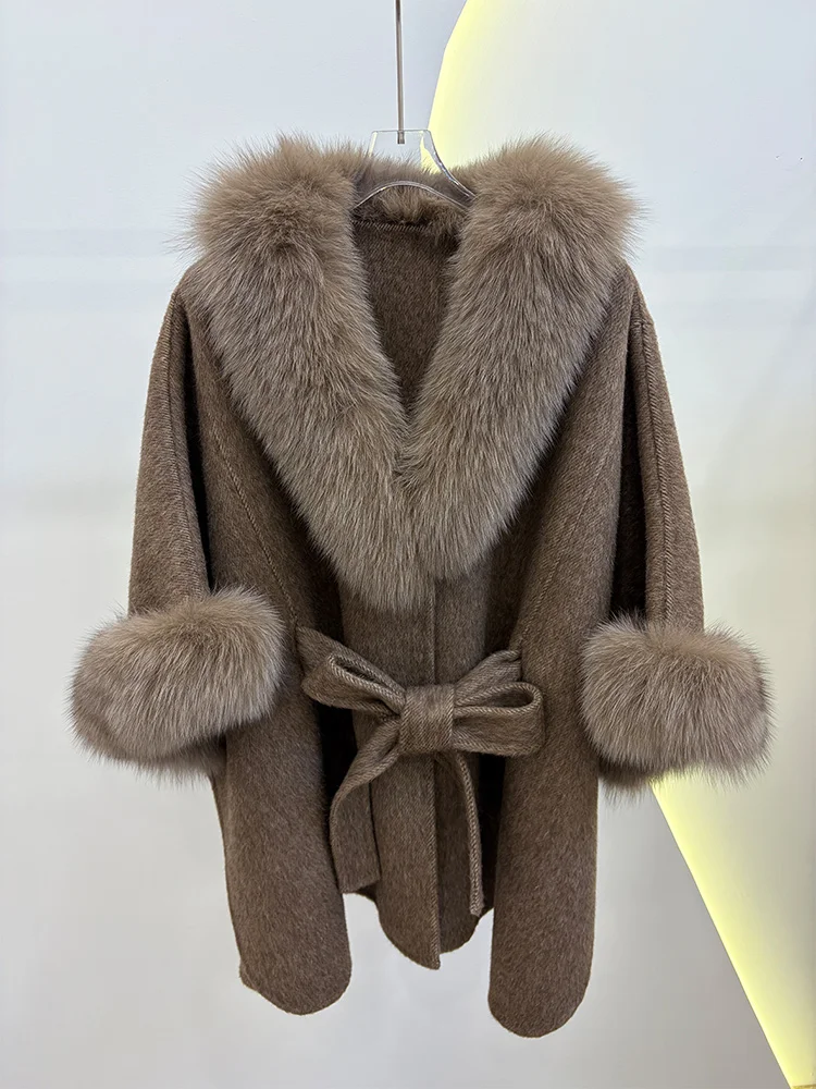 Winter Women's Real Natural Fox Fur Cuff Collar Coat Wool Cloak Cashmere Warm Jacket Oversize Luxury Thick Female Coat