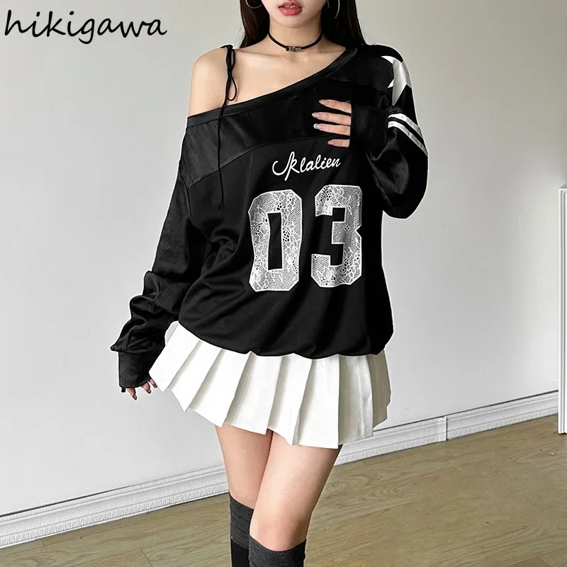 Shirts for Women Harajuku T Shirt Fashion Skew Collar Long Sleeve Off Shoulder Y2k Tops Korean Camisetas Casual Summer Tshirts