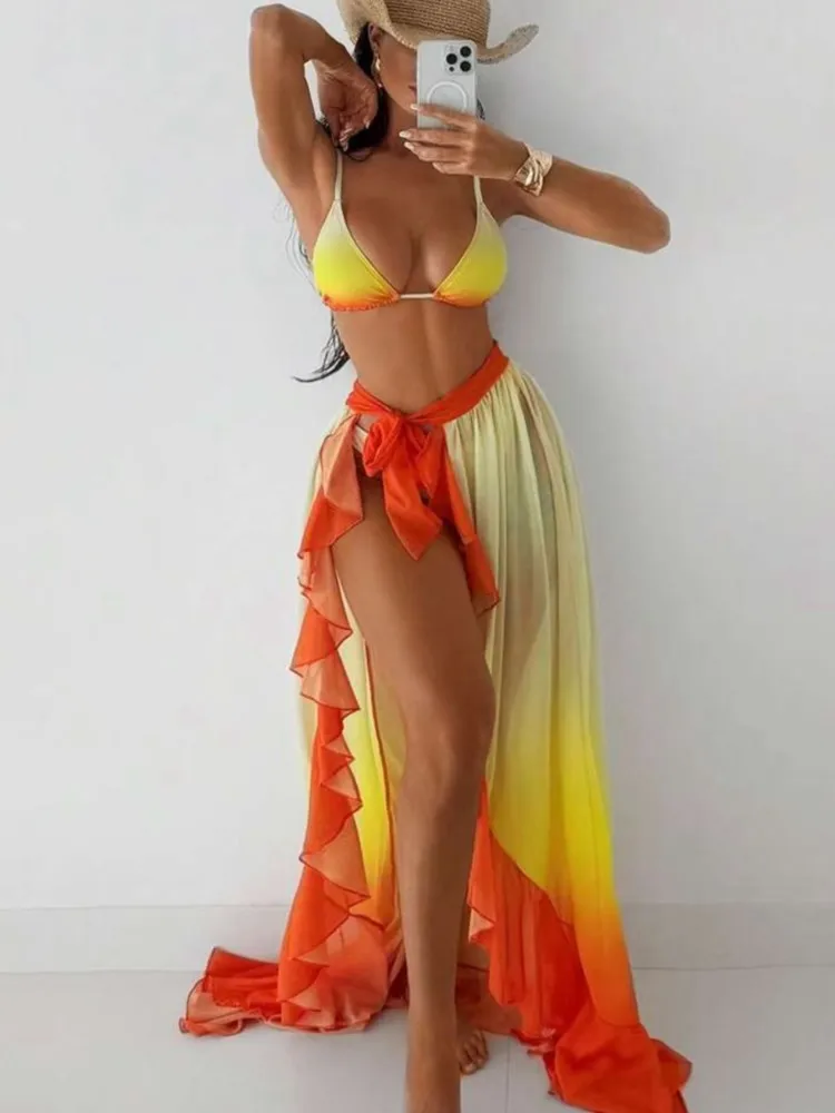 Bikini Sets Bodysuit Swimwear Women Skirt Bathing Suit Summer New Ruffle Splice Print Beachwear Holiday Bikini Cover Ups Outfits