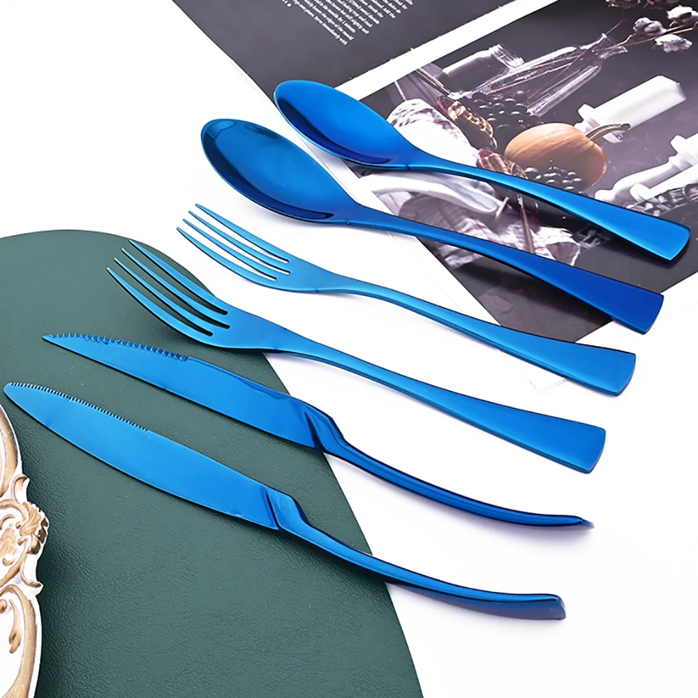 

6Pcs Blue Dinnerware Set Western 18/10 Stainless Steel Cutlery Set Luxury Steak Dinner Knife Dessert Fork Spoons Flatware Set