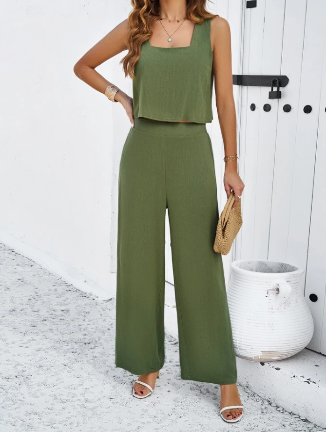 Women's casual solid color square neck sleeveless short vest with pleated pocket design, loose wide leg pants, long pants set