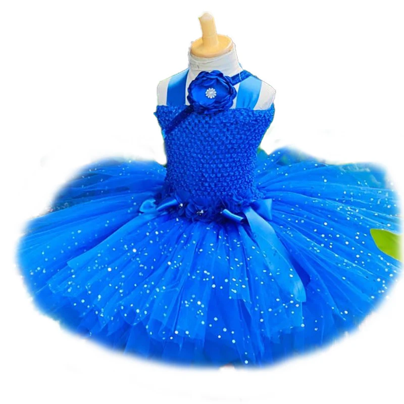 Girls Blue Glitter Flower Dress Kids Crochet Tulle Tutus with Hairbow Children Birthday Party Costume Photography Dresses