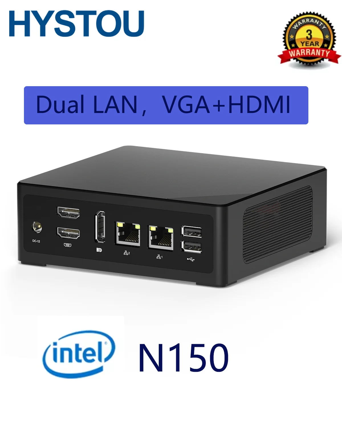 HYSTOU Fanless Industrial Mini PC Intel i3-N150 Business Computer with 2*RJ45 HDMI DP Type-C