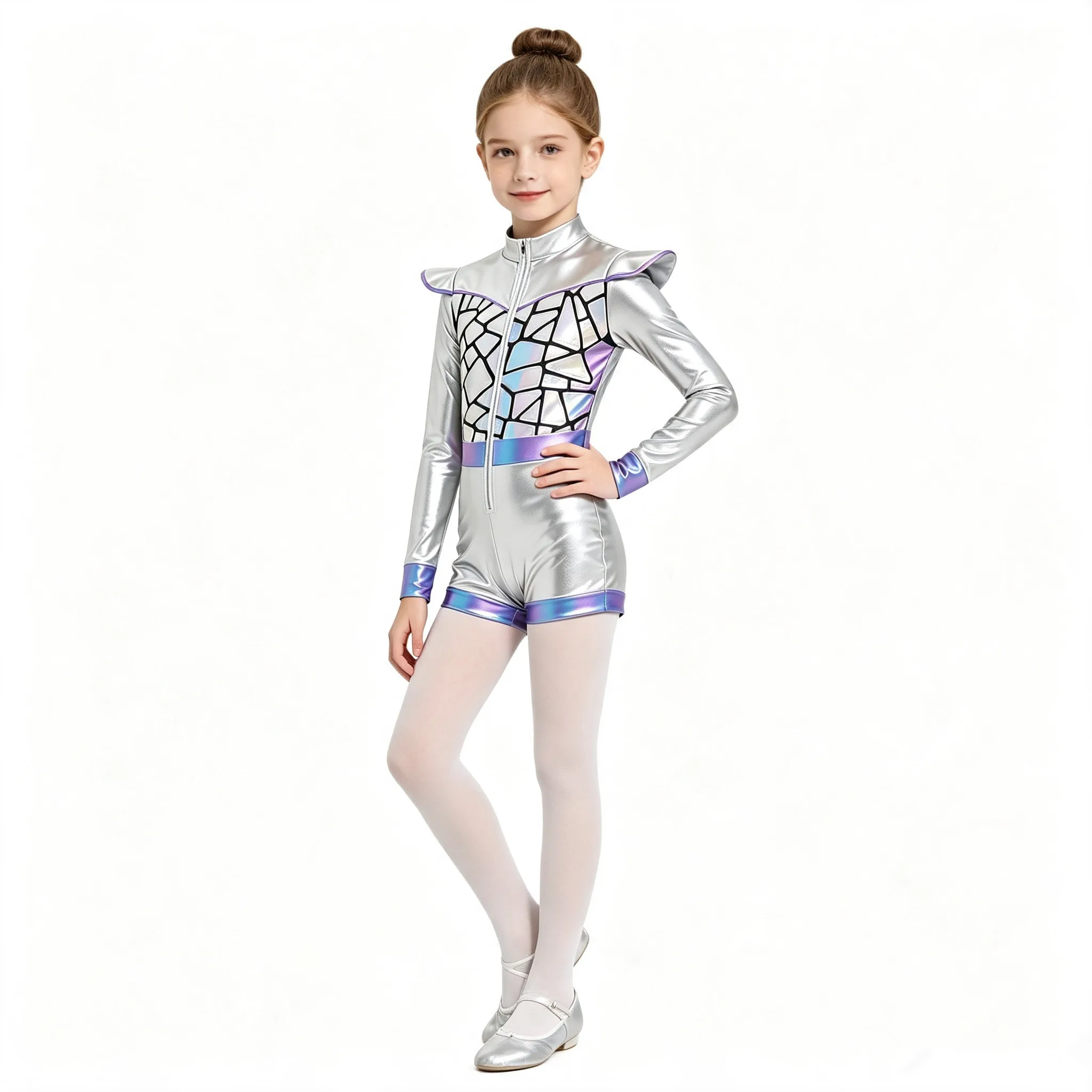 Girls Outer Space Cutie Alien Bodysuit Metallic Shiny Sequin Jumpsuit Robot Astronaut Dress Up Costume for Halloween Theme Party