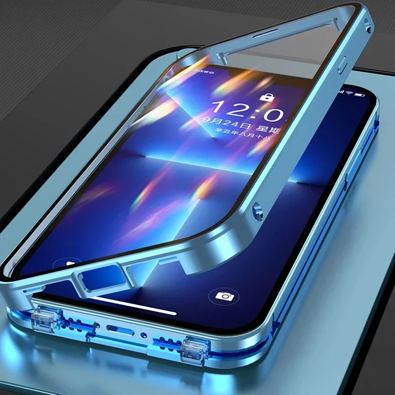 

Protection Metal Magnetic Case Snap Lock for IPhone 16 15 14 13 12 11 Pro Max 12 13 Mini 14 15 16 Plus Double-sided Glass Cover