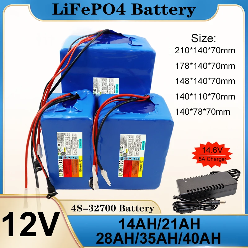 12V LiFePO4 Battery 14AH 14AH 21AH 28AH 35AH High-capacity 4S-32700 with BMS for Outdoor Solar Power Supply Toy Cars + Charger