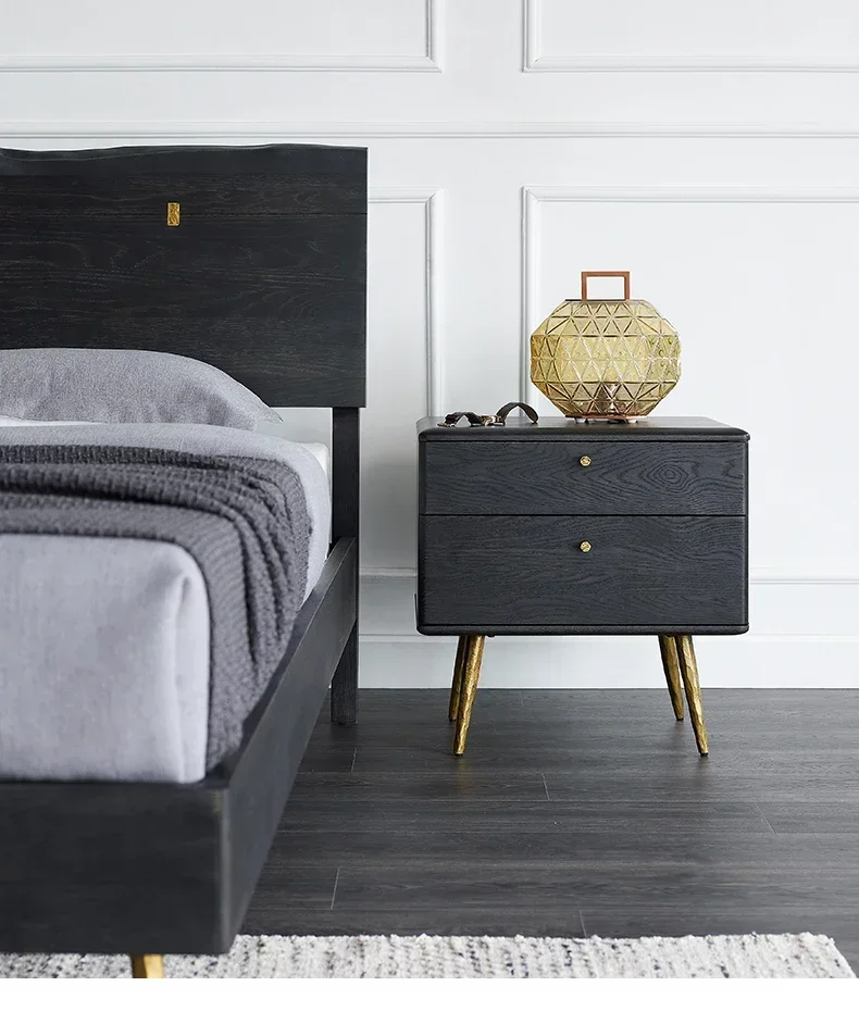 Nordic Solid Wood Bed Small Apartment Light Luxury Bedside Cabinet Simple Modern Black Bedroom Double Drawer Bedside Table