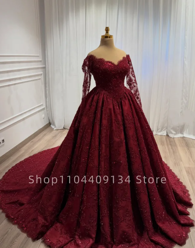 Maßgeschneidertes Burgunderrotes Brautkleid 2026 Herzausschnitt Langärmeliges Perlenbesetztes Luxuriöses A-Linien-Abendkleid für Damen Vestido Novia