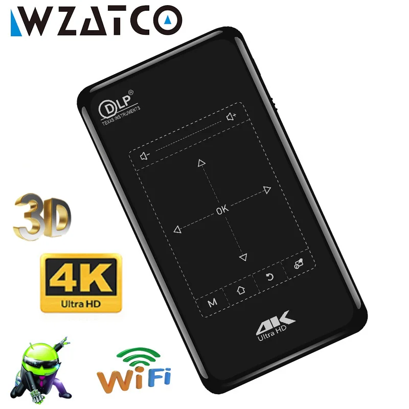 WZATCO P09 DLP MINI projektor 32 GB Android 9 WIFI 5000 mAH bateria przenośny projektor 3D obsługa 4K 1080P HD-In projektor Beamer