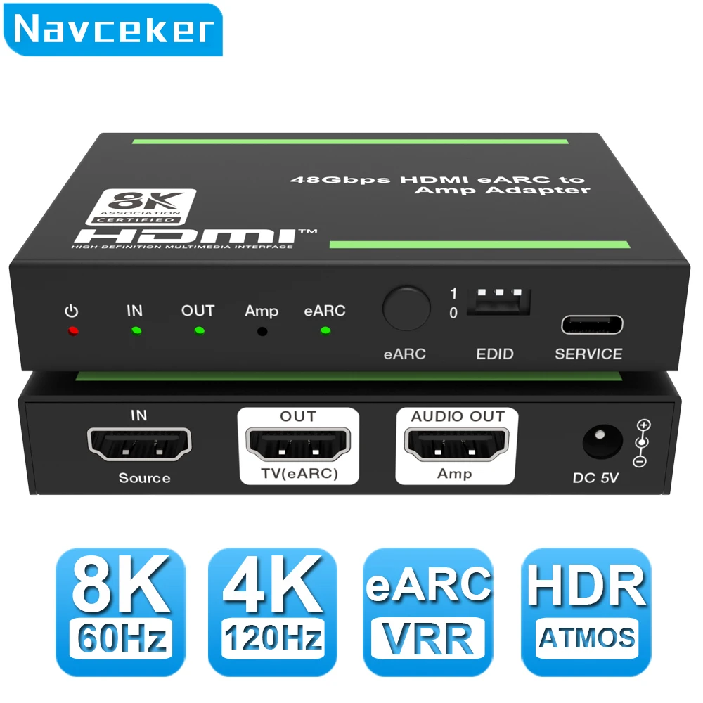 Navceke 4K 120Hz HDMI 2.1 eARC ekstraktor Audio 48 Gbps HDMI eARC rozdzielacz 8K 60Hz eARC konwerter do PS5 XBox X Sonos Soundbar