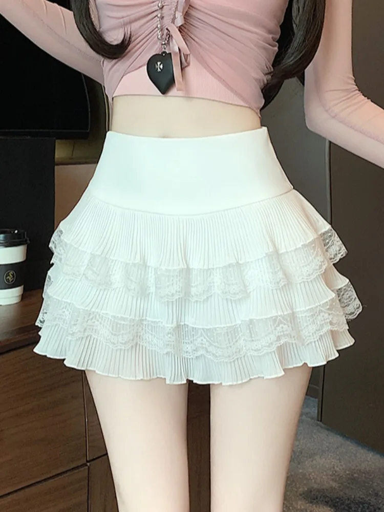 กระโปรงบัลเล่ต์สีขาวลูกไม้ทรงเค้ก ความยาวระดับเข่า สำหรับผู้หญิง ฤดูร้อน เอวสูง ฟูฟ่อง ทรงเอไลน์ ป้องกันการโป๊ เซ็กซี่