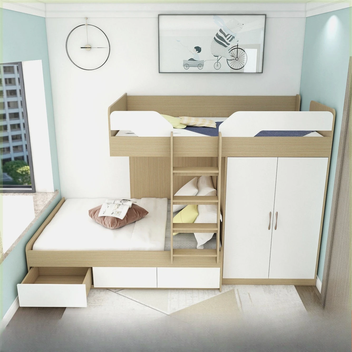 Staggered children's solid wood parallel staggered bunk bed boards, mother and child beds, bunk bunk beds, and wardrobe combinat