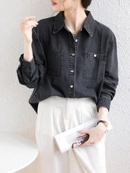 Black Thin Vintage Denim Shirts For Women 2024 Spring Streetwear Retro Long Sleeve Loose Jeans Tops Lady