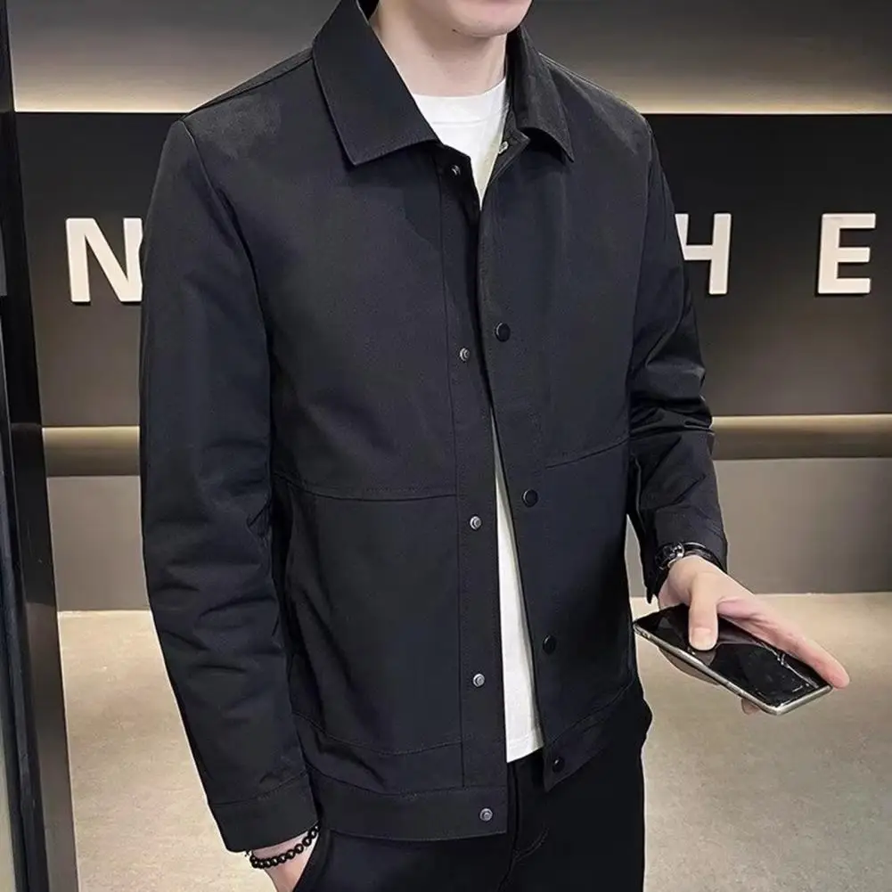Men Jacket Lapel Long Sleeve Button Closure Jacket Coat with Side Pockets Spring Autumn Solid Color Casual Outwear