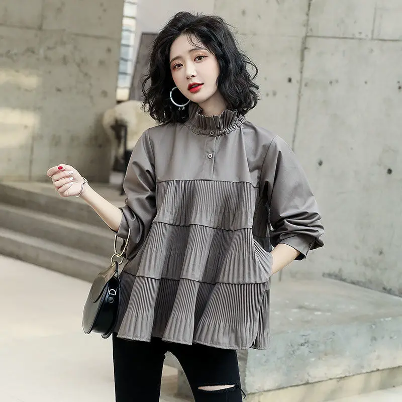 Blusa de manga comprida feminina Ruffles, Dobra, Patchwork, Casual, Combina tudo, Solta, Camisas extragrandes, Feminina, Moda Coreana, Outono, Novo, 2023