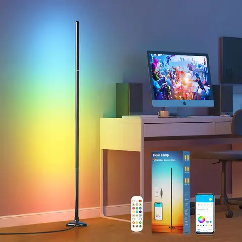 RGB Color Changing Floor Lamp, Rechargeable Battery Operated Standing Lamp, Bluetooth Smart Floor Light with APP & Remote Control, Black Plastic Modern Ambient Corner Lamp for Bedroom Living Room Party Decor