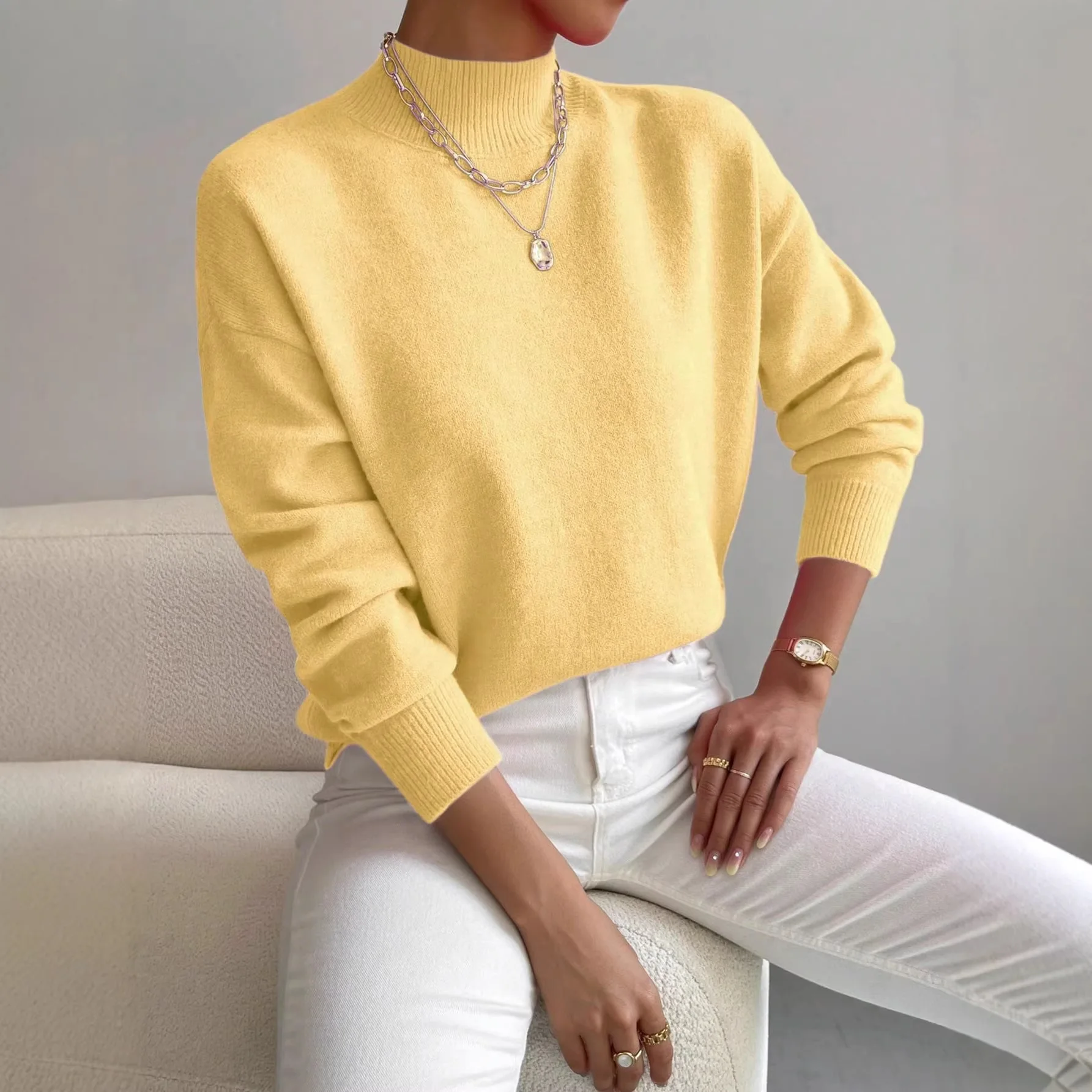 

Autumn Winter Half Turtleneck Pullover Long Sleeve Sweater Women's Fashion Solid Color Loose