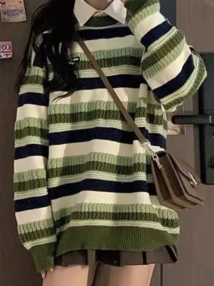 Striped Knitted Sweaters Women Winter Oversized Loose Pullover Female Fashion Casual Thick O-neck Jumper Warm Lazy Knitwear Lady