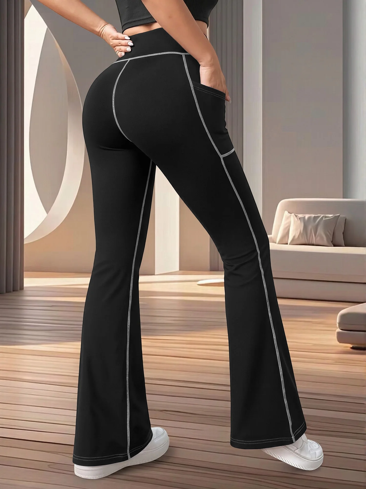 Schlanke Formgebende Schlaghose für Yoga mit Weißer Kantenstickerei, Hoher Taille und Seitentaschen, Lässige Sporthose – Detail 3