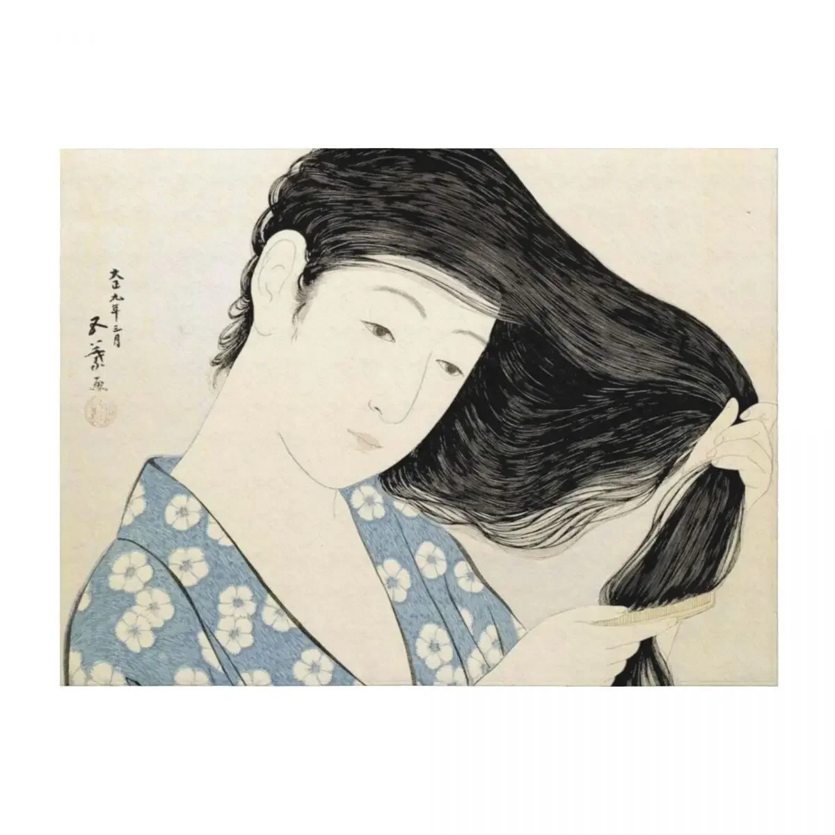 

HD Woman in Blue Combing Her Hair, by Hashiguchi Goyo (number 1 of 7) HIGH DEFINITION Throw Blanket Sleeping Bag Blankets