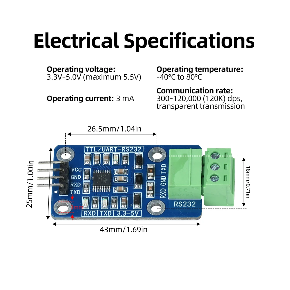 TTL To RS232 Communication Module with ESD Dual TVS Protection Reserve 3mm Screw Holes UART to RS232 Serial Port Converter