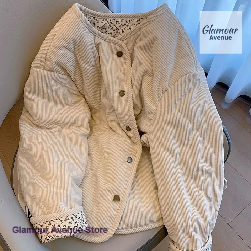 

Korean style design corduroy mosaic floral diamond cotton-padded jacket coat women's winter new loose wild cotton-padded clothes