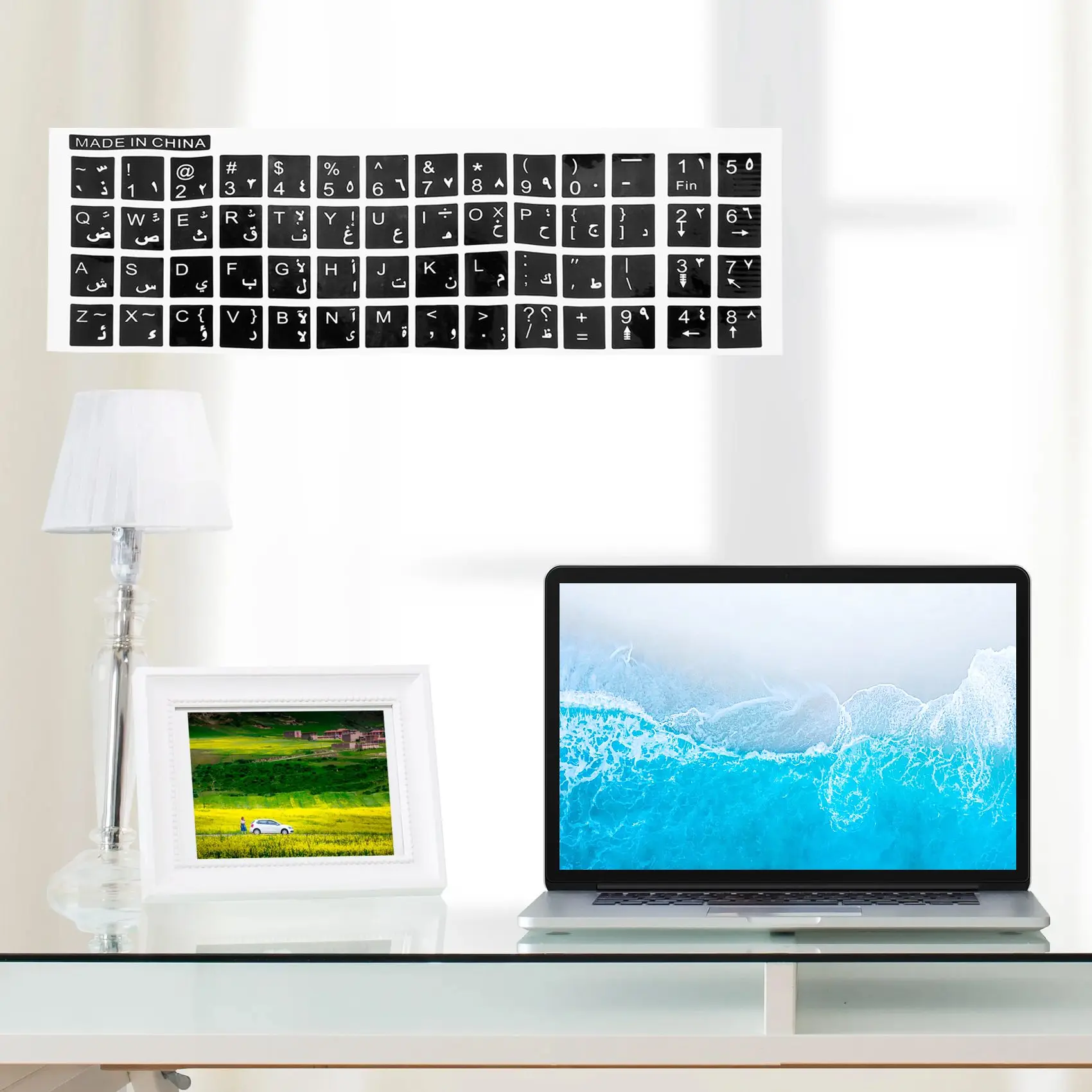 Autocollant de clavier en lettres blanches, anglais et arabe, décalcomanie noire pour ordinateur portable et PC