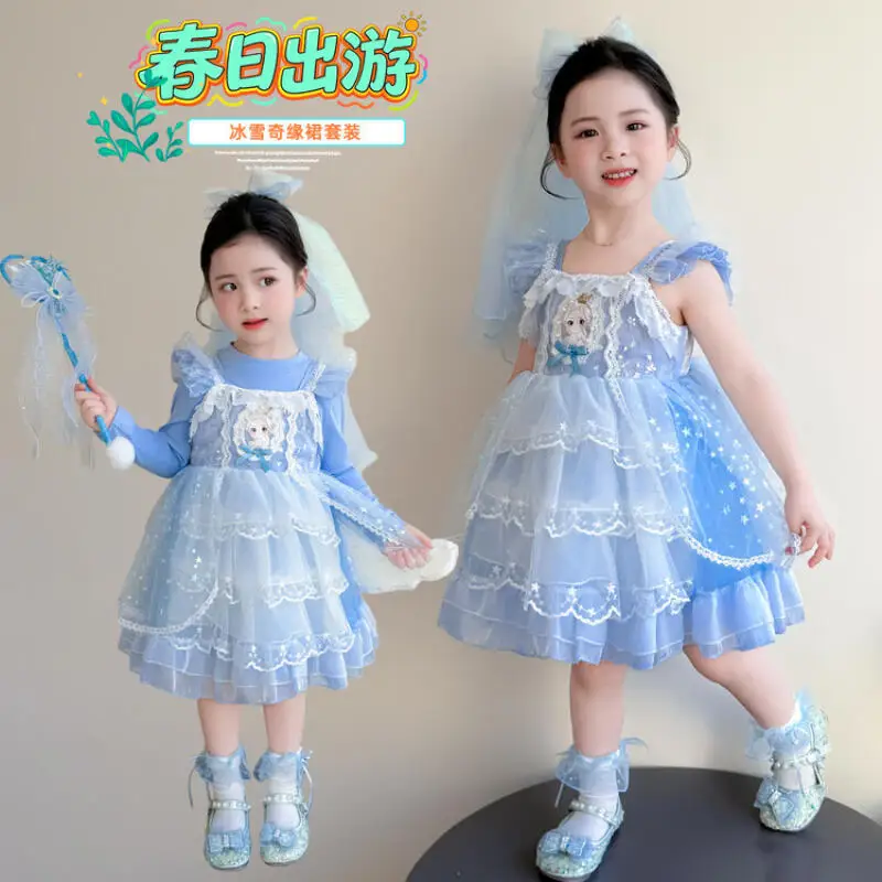 

Summer Cute Lolita Disney Elsa Princess Dress Cartoon Frozen Children Fashion Cute Sleeveless Dress Mesh Birthday Skirt Gift